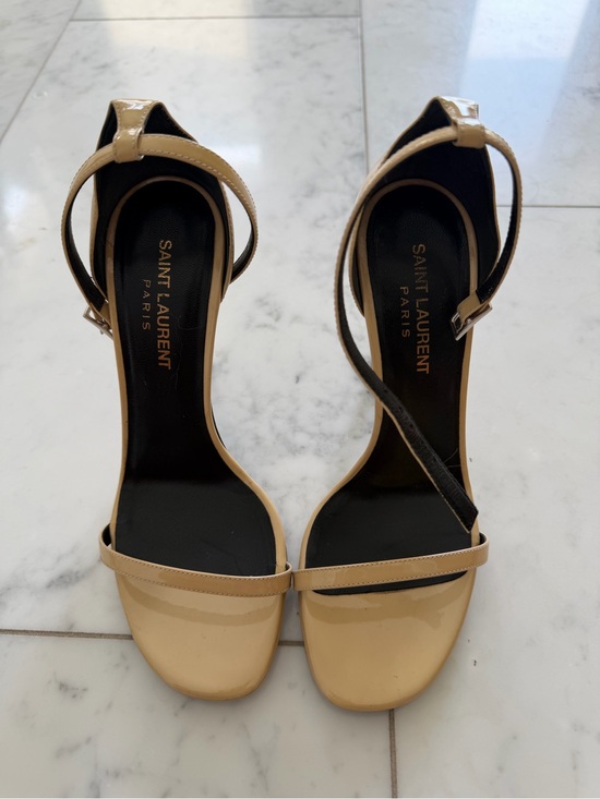 Saint Laurent Shoes - Saint Laurent Beige Patent Leather Ankle-Strap Heels